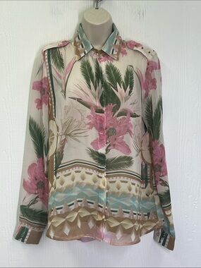 Farm Rio - Tropical Print Sheer Button Down Long Sleeve Blouse Size Medium